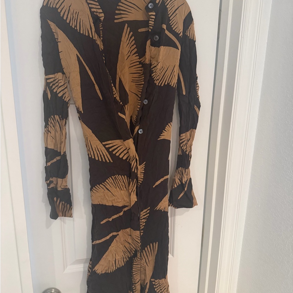 Equipment Silk Button-Front Long Dress with Leaf Print